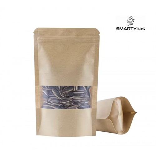 100PCS Resealable Bags for Food Packing, Self Stand Treat Bag Reusable for Candy, Cookie, Kraft Paper Bags with Window(7.1" X 10.2")